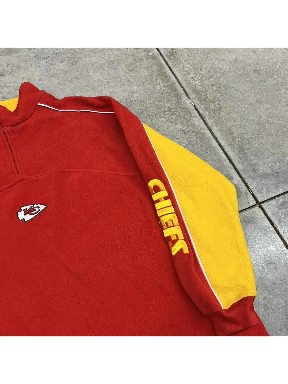 vintage kansas city chiefs red and yellow quarter zip fleece jacket size xl